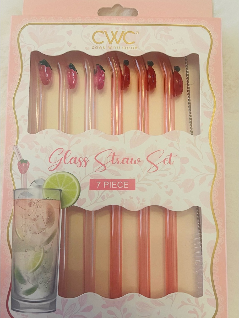 Pink Strawberry Glass Straw Set with Fruit-Tip Accents - 7 Piece